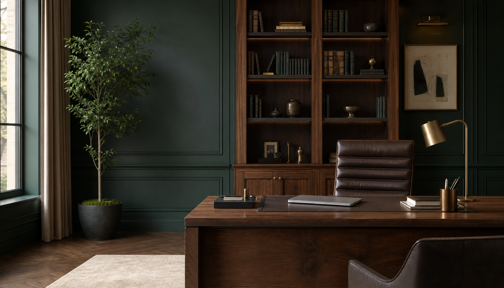 A refined executive office with forest green walls and walnut furnishings